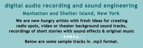 We are new hungry artists with fresh ideas for creating
radio spots, video or Theater background sound tracks, recordings
of short stories with sound effects and  original music. Below
are some sample tracks in .mp3 format.